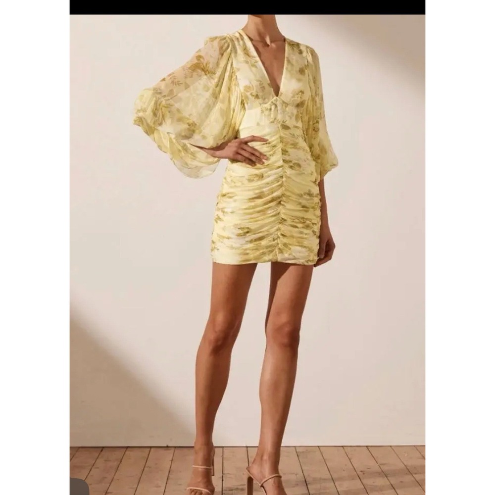 Shona Joy Leticia Plunged Ruched Floral Yellow Mini Dress Size 4